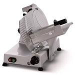 Elektrische Schneidemaschine Modell S 250/R aus robuster eloxierter Legierung, ausgestattet mit integriertem Schleifgerät und Schiebeplatte, mit einer Schnittstärke von 0 bis 16 mm.