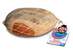 Un intero Fiocco di Prosciutto italiano pregiato, stagionato per 9 mesi, dal colore rosso rubino con cotenna e sugna, dal profumo intenso.