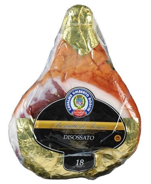Descubra el Jamón de Parma, curado durante 18 meses y deshuesado, presentado en un lujoso envase dorado, ideal para los paladares más sofisticados.
