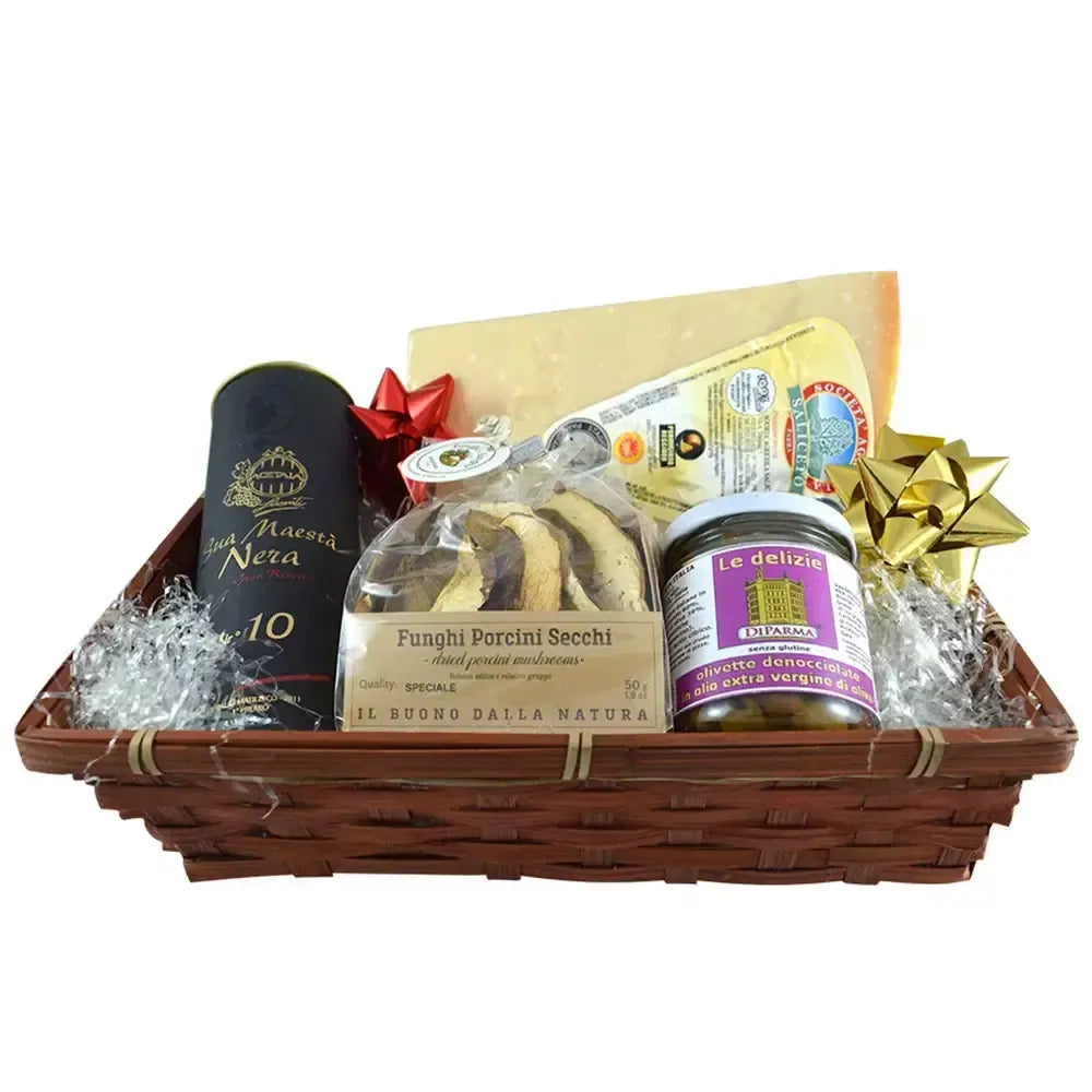 Esplora l'autenticità dei sapori italiani con il Cesto Dino Specialità Emilia: Parmigiano, porcini, olivette e balsamico. Un vero viaggio gourmet.