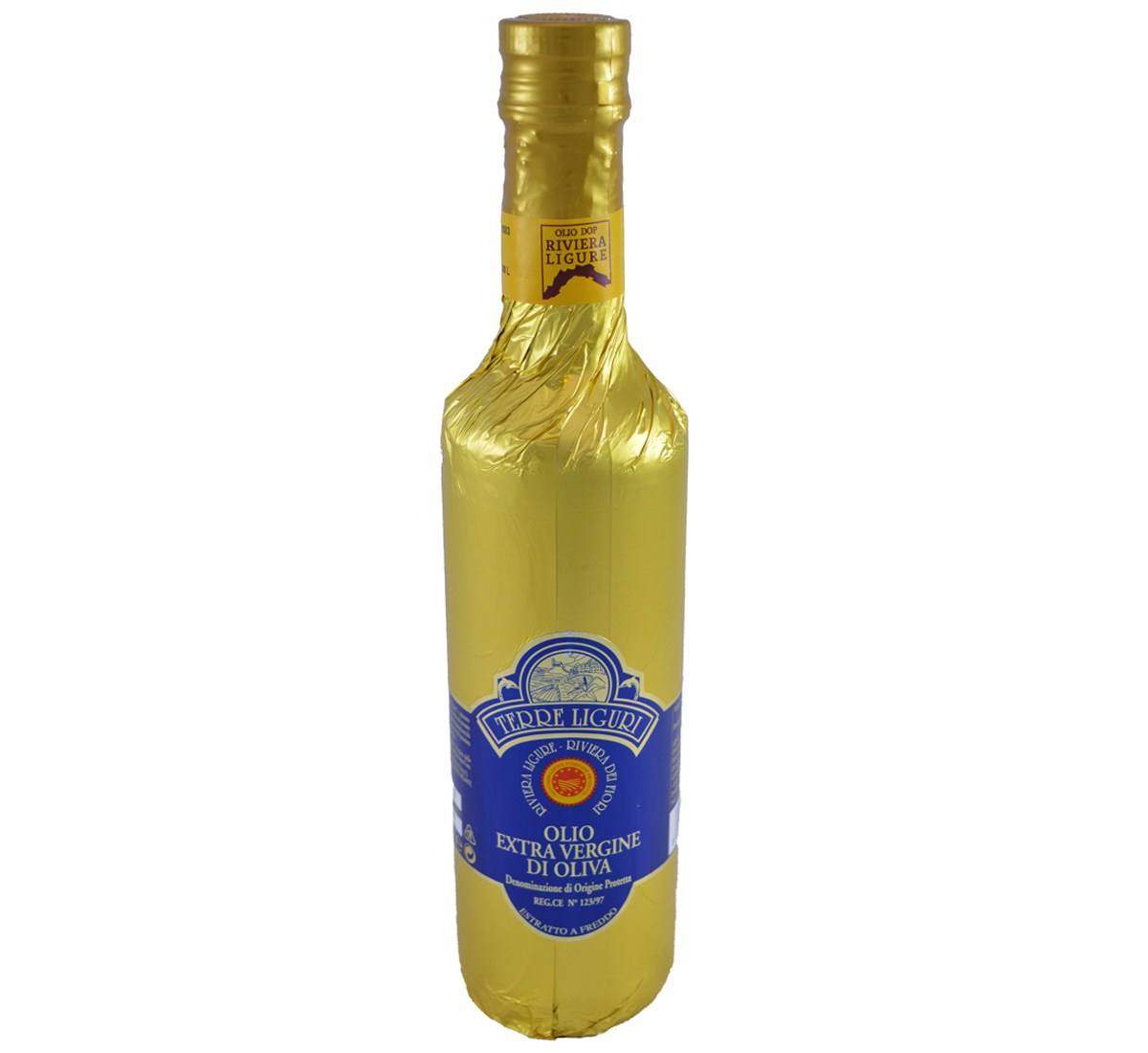 Una bottiglia dorata di Olio Riviera Ligure DOP, 100% Taggiasche, con etichetta blu e collarino numerato, dal profilo fruttato e mandorlato.