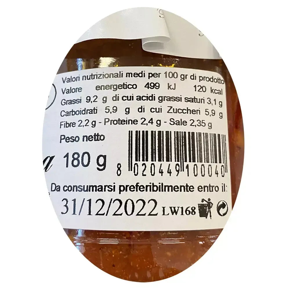 Billede af en etiket til Amatriciana-sauce med angivelse af næringsværdier, en nettovægt på 180 g og udløbsdato 31/12/2022.