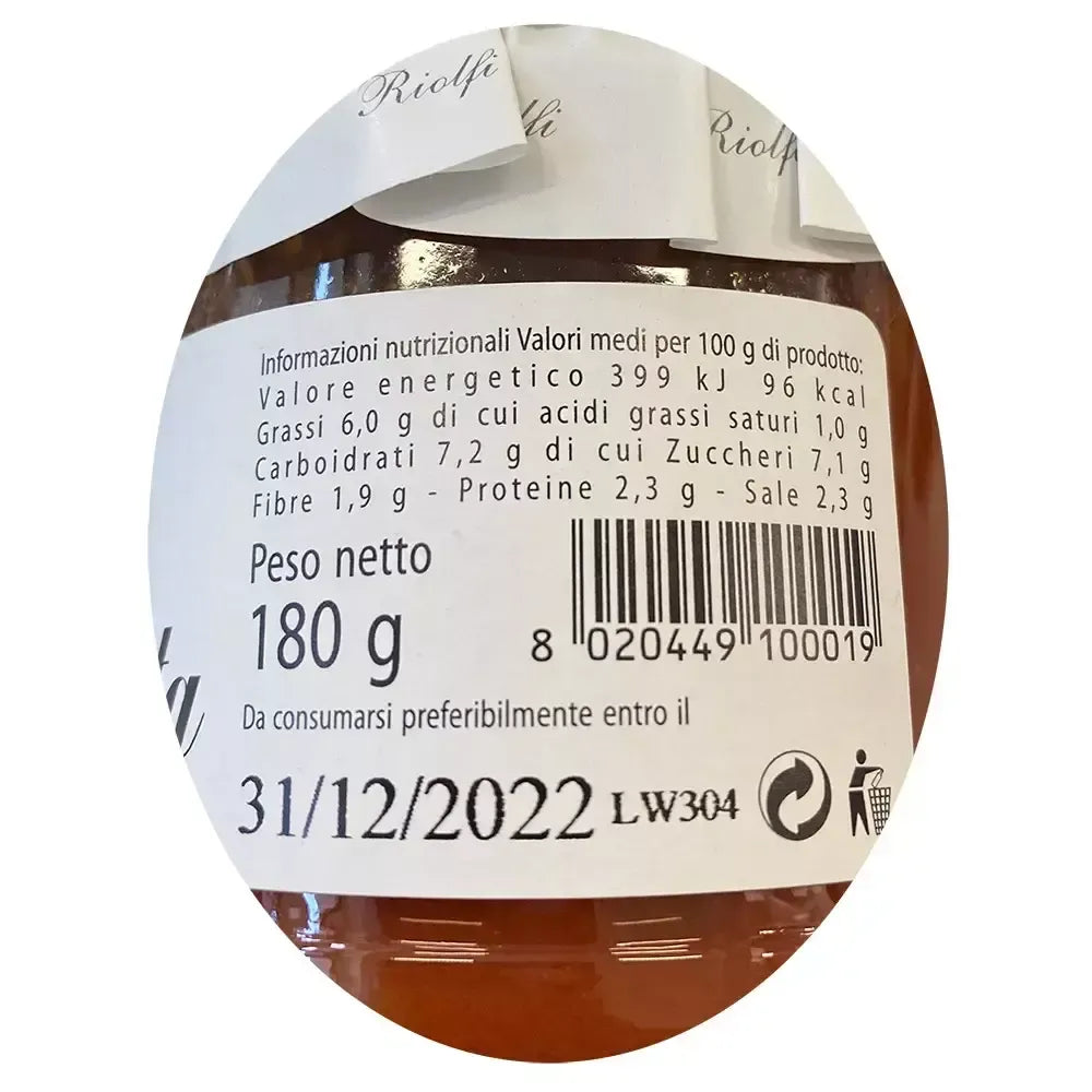 Tarro de 180 g de Sugo all'arrabbiata, con etiqueta blanca que muestra los detalles de los ingredientes y los valores nutricionales.