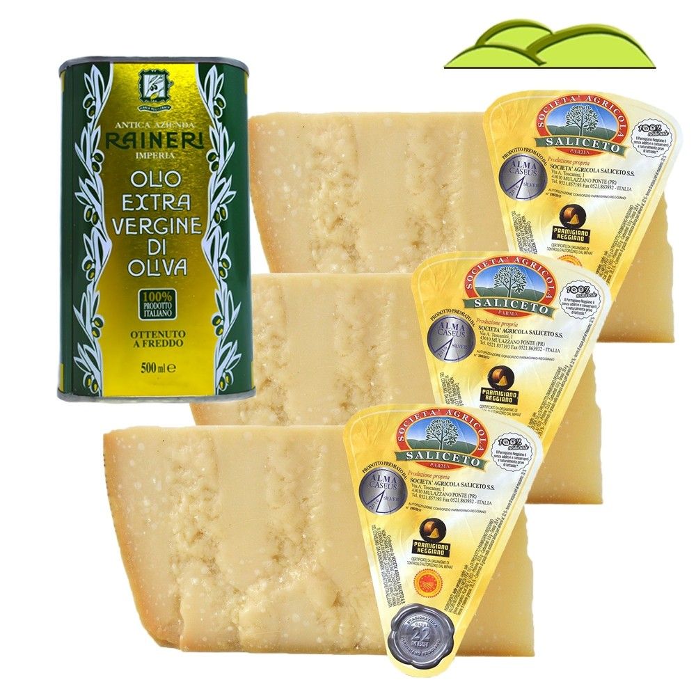 Begeben Sie sich auf eine kulinarische Reise durch Italien mit drei Stücken 24 Monate gereiftem Parmigiano Reggiano und nativem Olivenöl extra in der Dose für einen authentischen und intensiven Geschmack.