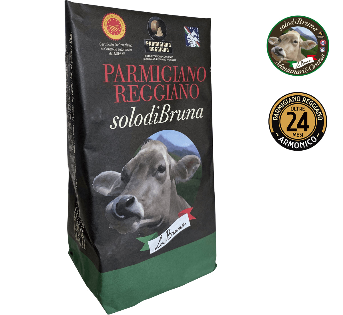Assapora la qualità artigianale del Parmigiano Reggiano DOP Solodibruna, stagionato 24 mesi, con un gusto unico di nocciola e burro; un simbolo della tradizione italiana.