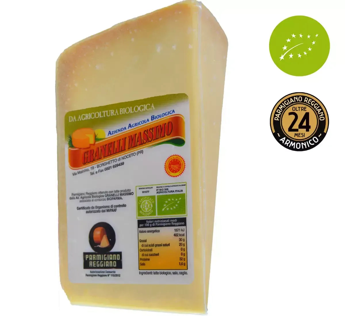 Biologico Parmigiano Reggiano DOP, maturato per 24 mesi, offre un sapore ricco e autentico. Un formaggio sostenibile pesante 500g.