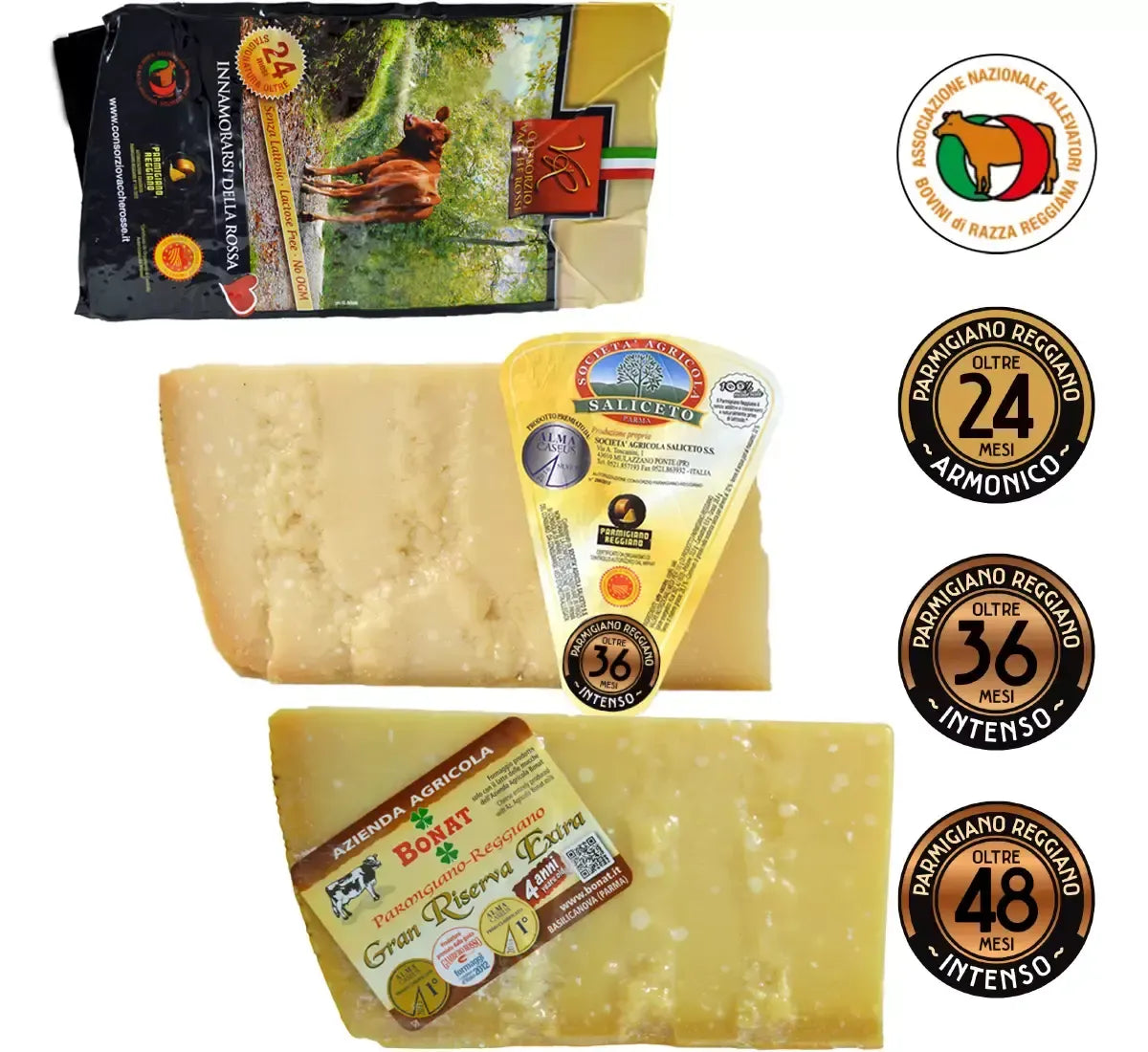 Esclusiva tradizione italiana rappresentata da una selezione Gourmet di Parmigiano Reggiano DOP: dolce a 24 mesi, intenso a 36 e complesso a 48 mesi.