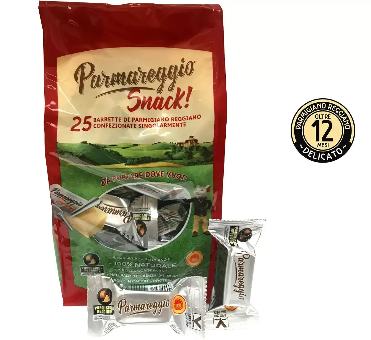 Goditi 25 snack di Parmigiano Reggiano, dal sapore autentico e fresco, perfetti per ricaricarti in qualsiasi luogo.