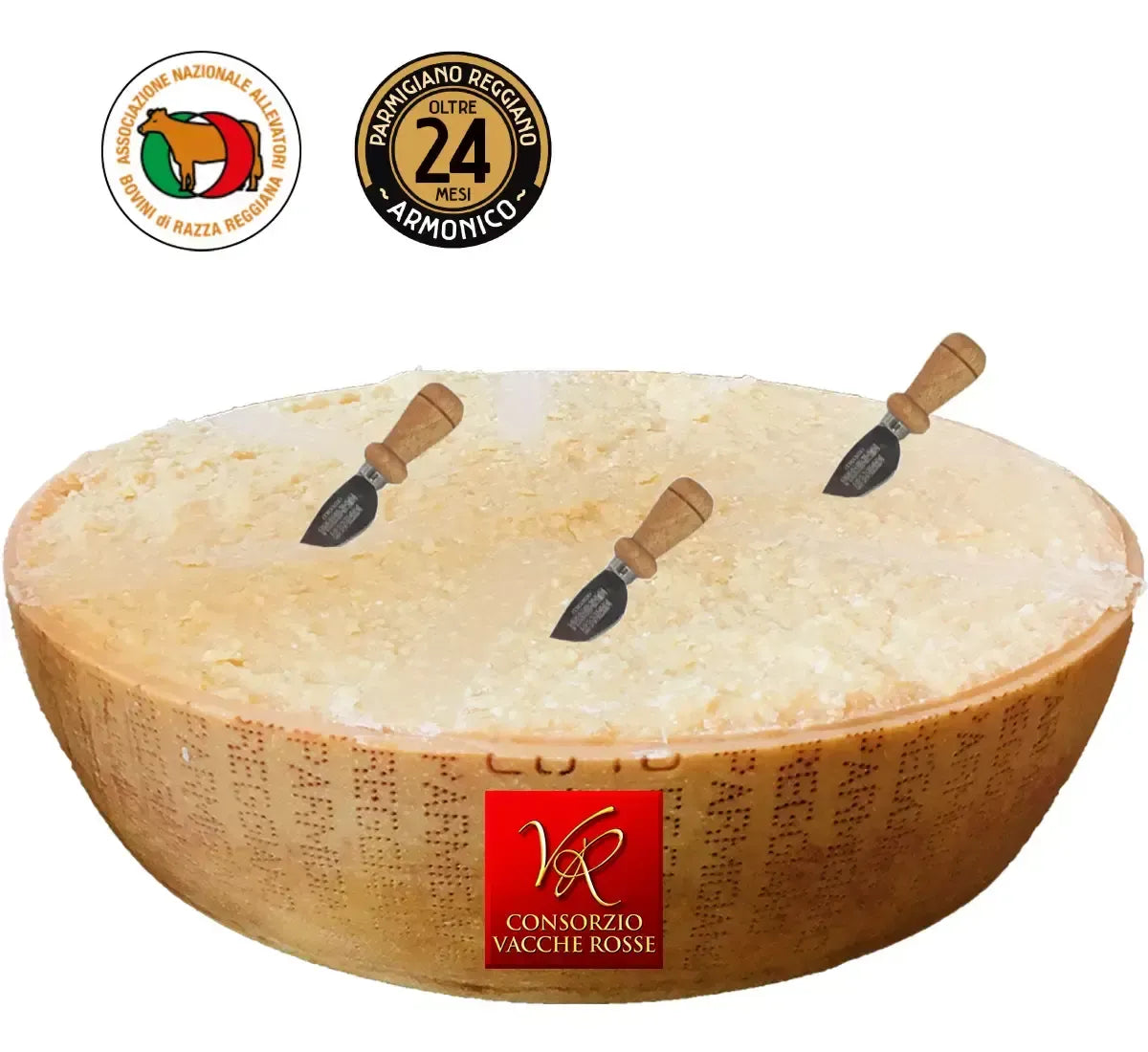 Parmigiano Reggiano Vacche Rosse stagionato 24 mesi in mezza forma con una grana perfetta, viene fornito con 3 coltellini per un'esperienza gourmet.