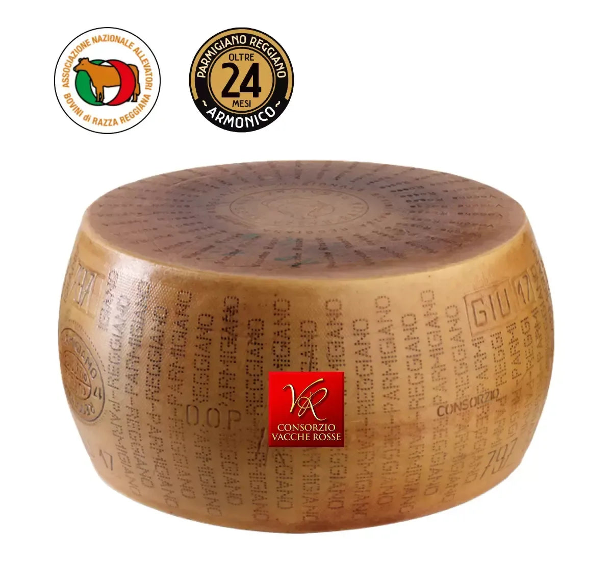Autentico Parmigiano Reggiano DOP Vacche Rosse di 24 mesi, riconoscibile per la sua crosta dorata e il marchio del consorzio, simbolo della tradizione emiliana.