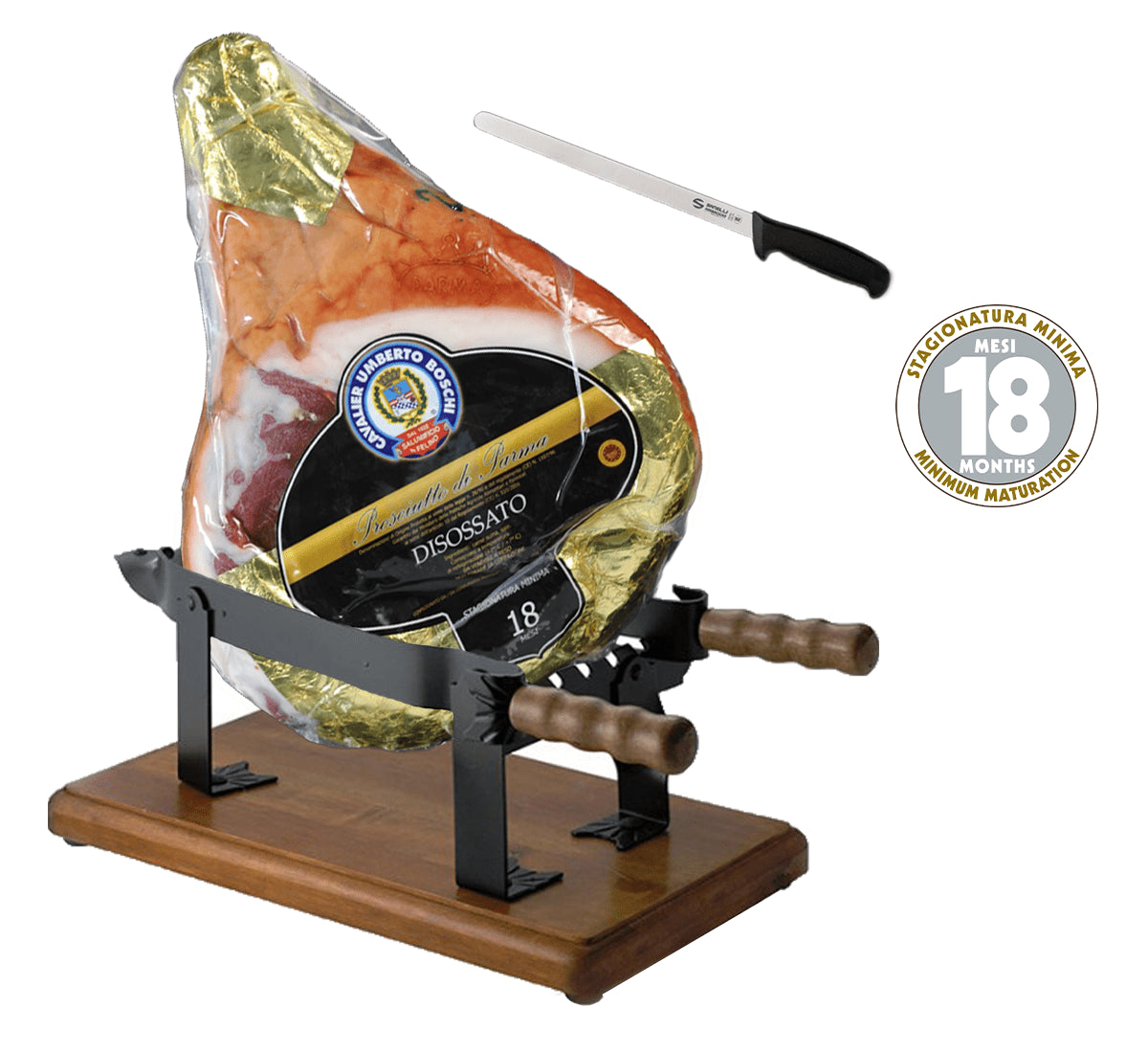 Ein authentischer Prosciutto di Parma DOP, 18 Monate gereift, wird mit Halterung und Messer präsentiert und bringt den ganzen Geschmack und die Tradition der historischen Etichetta Nera zum Ausdruck.