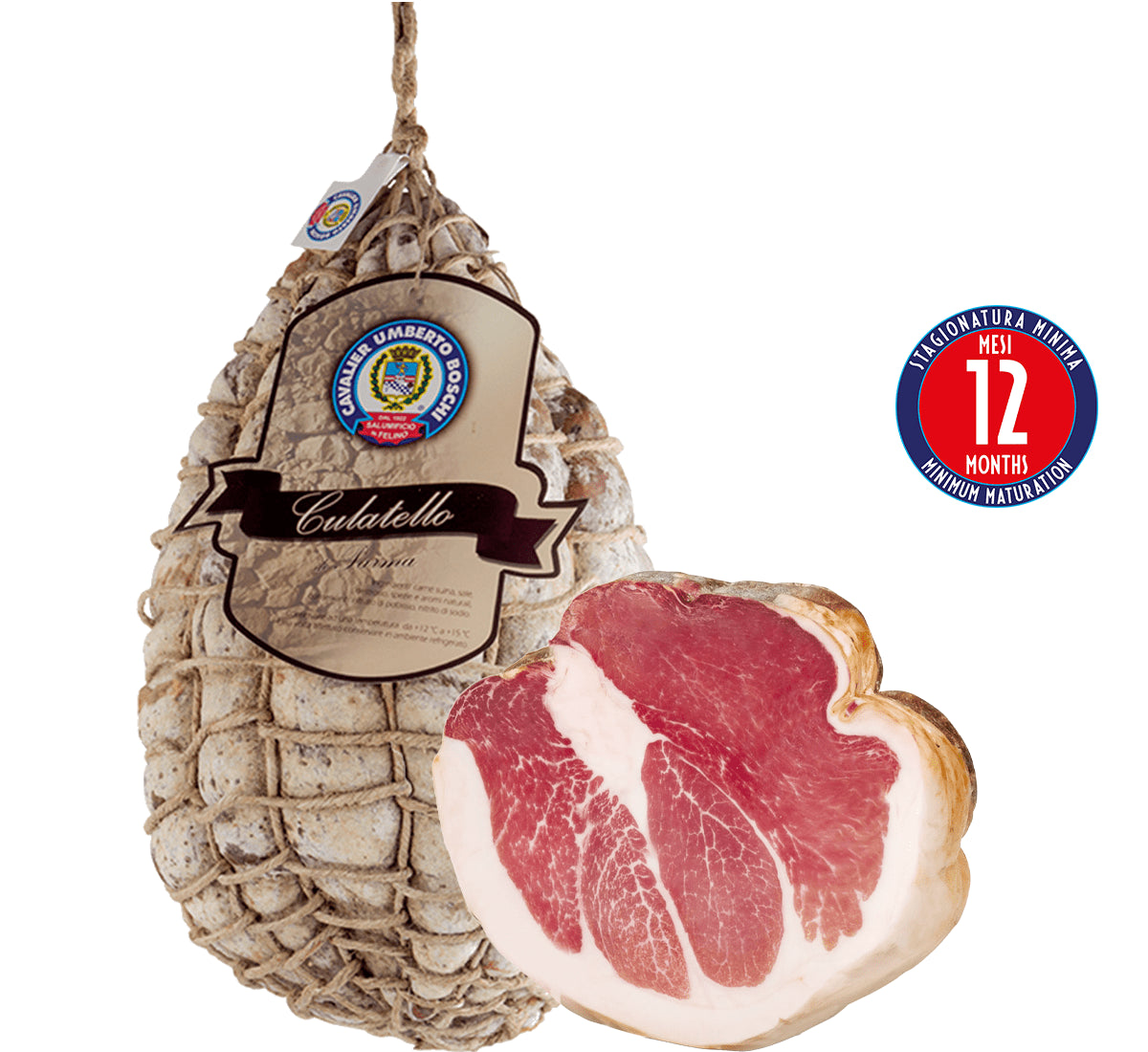 Un autentico culatello italiano, stagionato per 12 mesi, tagliato a metà e sigillato sottovuoto per preservare la sua eccellente sapore.