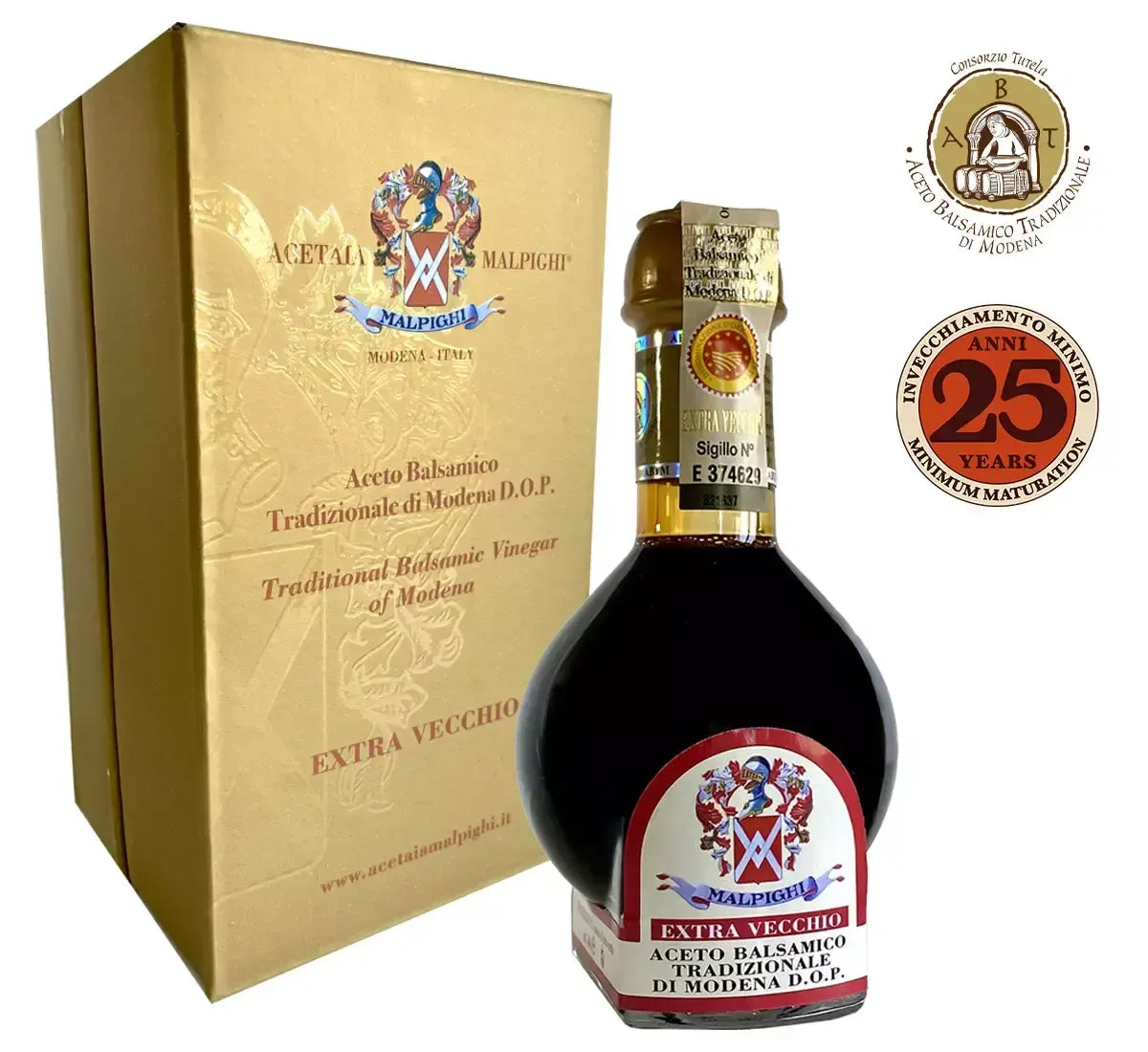 Un'immagine di un prodotto di eccellenza italiana, l'Aceto Balsamico Tradizionale di Modena DOP Extra Vecchio, invecchiato per 25 anni. Il suo gusto e aroma sono senza tempo.