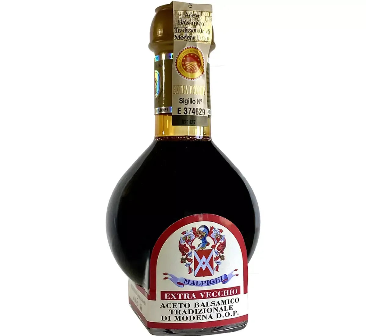 Una raffinata bottiglia di Aceto Balsamico Tradizionale di Modena DOP Extra Vecchio, maturato a lungo per un gusto ricco e intenso.