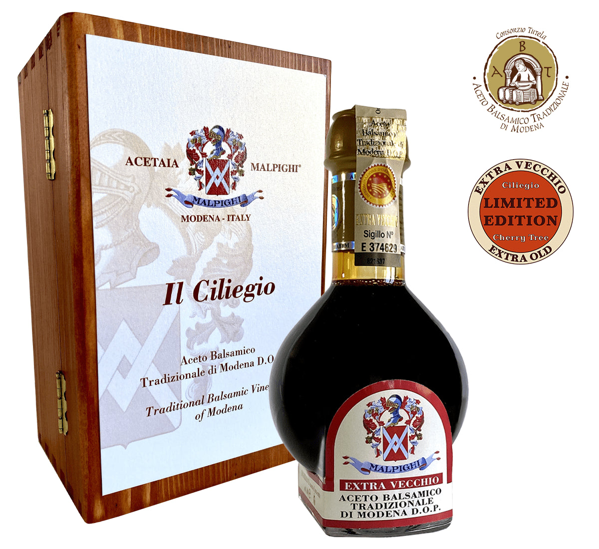 Aceto Balsamico Tradizionale di Modena DOP Extra Vecchio 'Il Ciliegio', presentato in una raffinata confezione di legno.