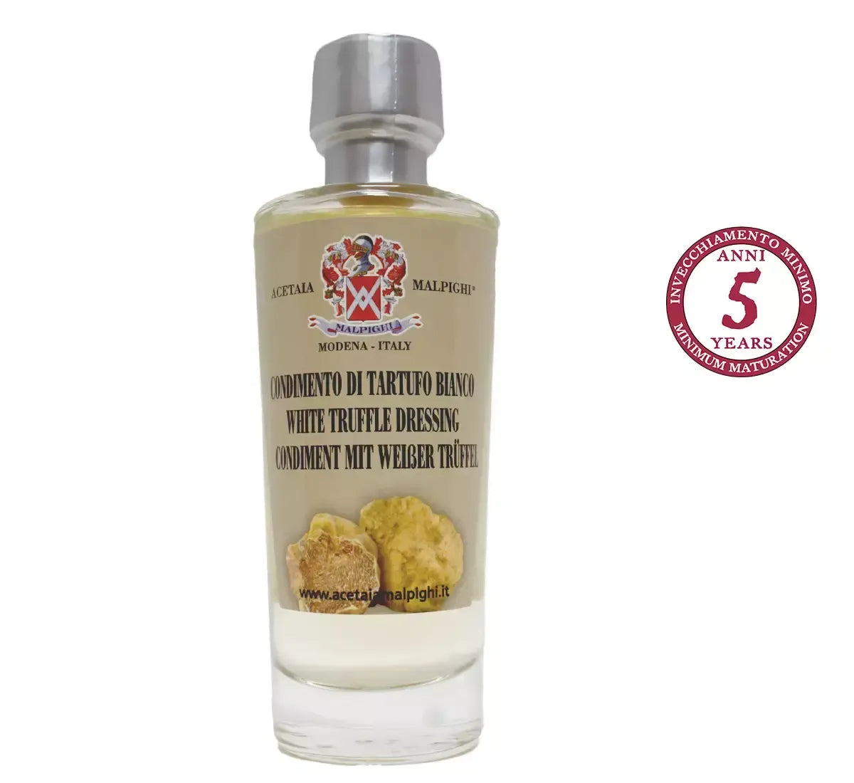 Un elegante bottiglia di condimento al tartufo bianco, ideale per aggiungere un tocco gourmet e raffinato a qualsiasi piatto.