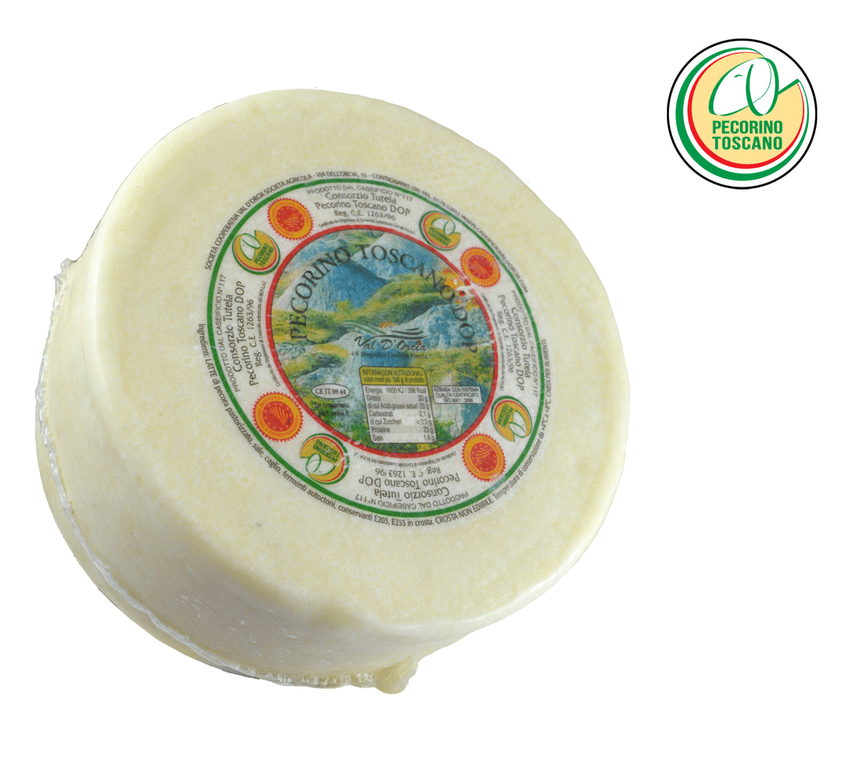 Un intero Pecorino Toscano DOP, un formaggio di pecora fresco e morbido, realizzato con 100% latte toscano e con etichetta certificata.