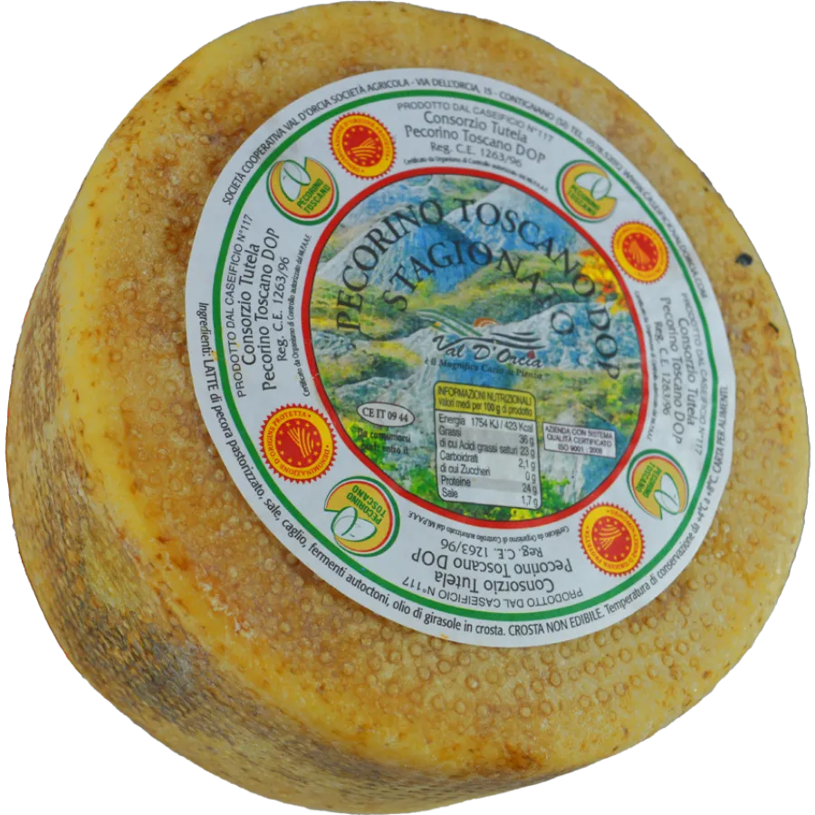 Simbolo della tradizione toscana, il Pecorino Toscano DOP stagionato è un formaggio di pecora dall'aroma robusto e crosta dorata.