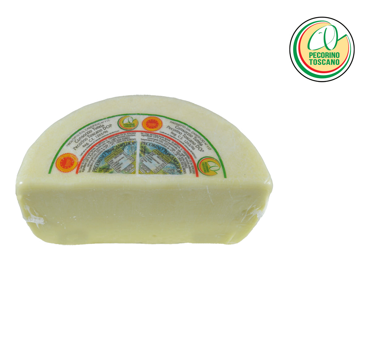 Una metà forma di fresco Pecorino Toscano DOP, formaggio di pecora giovane, dal sapore cremoso, aromatico e con note di burro e fieno.