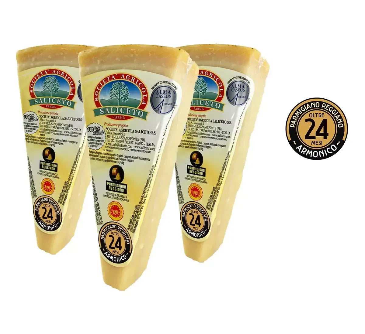 Tre confezioni da 300g di autentico Parmigiano Reggiano DOP, stagionato 24 mesi in montagna, per un sapore italiano artigianale.