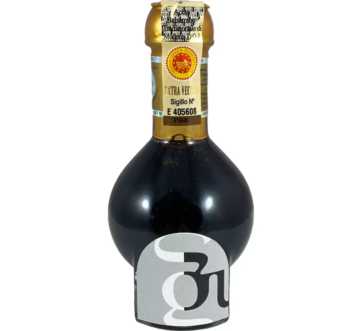Aceto Balsamico Tradizionale di Modena DOP Extra Vecchio, biologico e biodinamico, in bottiglia con sigillo dorato di qualità e etichetta raffinata.