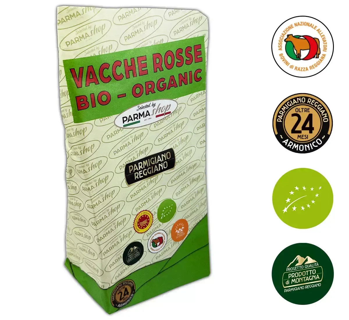 Parmigiano Reggiano 24 mesi, prodotto biologico delle Vacche Rosse. Gusto dolce, ricco di nutrienti naturali e latte bio dell'Appennino.