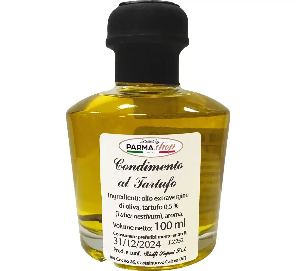 Élégante ampoule de 100 ml d'huile d'olive extra vierge enrichie de truffe noire, parfaite pour rehausser les plats grâce à son arôme raffiné. Un cadeau gastronomique idéal.