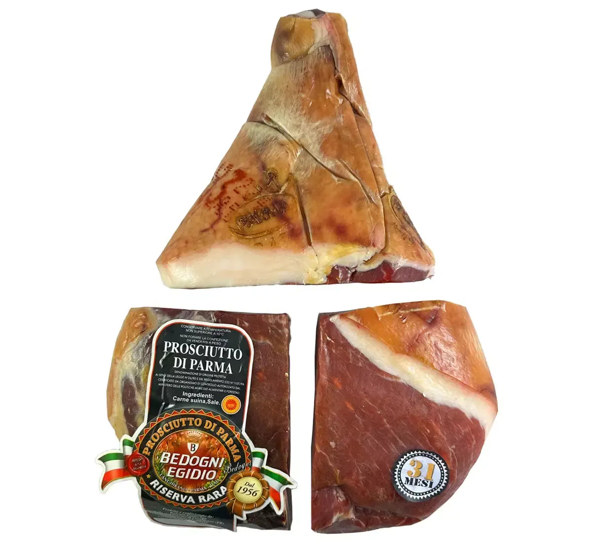 Un trancio di Prosciutto di Parma DOP, stagionato per 30 mesi, dal rosso uniforme e grasso candido, libera un aroma invitante.