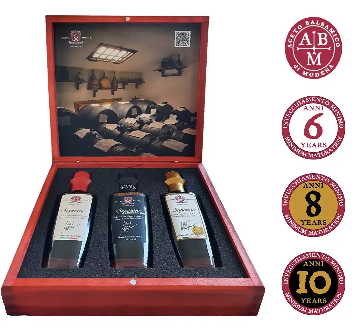 Cofanetto Limited Edition 'Saporoso Anniversario': include tre balsamici di Modena IGP, invecchiati fino a 10 anni in legno di qualità.