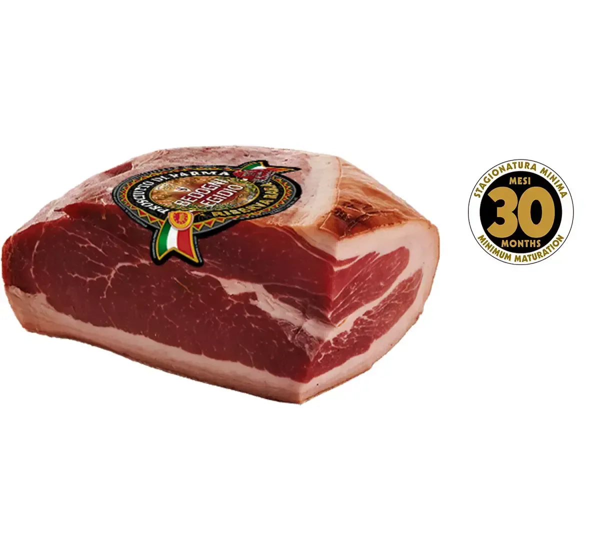 Trancio di Prosciutto di Parma DOP stagionato per 30 mesi, con un aroma dolce. Rappresenta l'eccellenza e la tradizione italiana, prodotto senza conservanti.