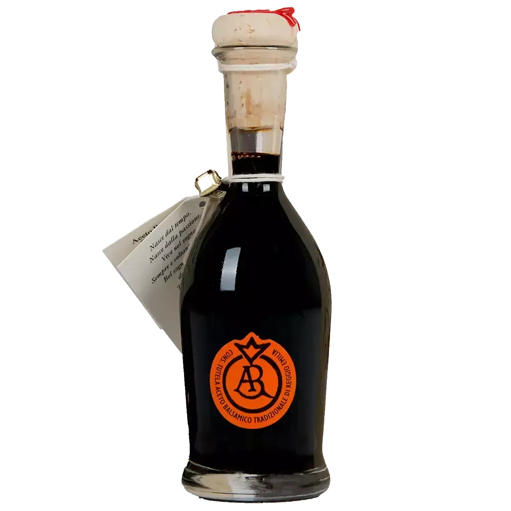 Elegante bottiglia di Aceto Balsamico Tradizionale Reggio Emilia DOP Aragosta, distintiva per il suo sigillo rosso e l'etichetta arancione.
