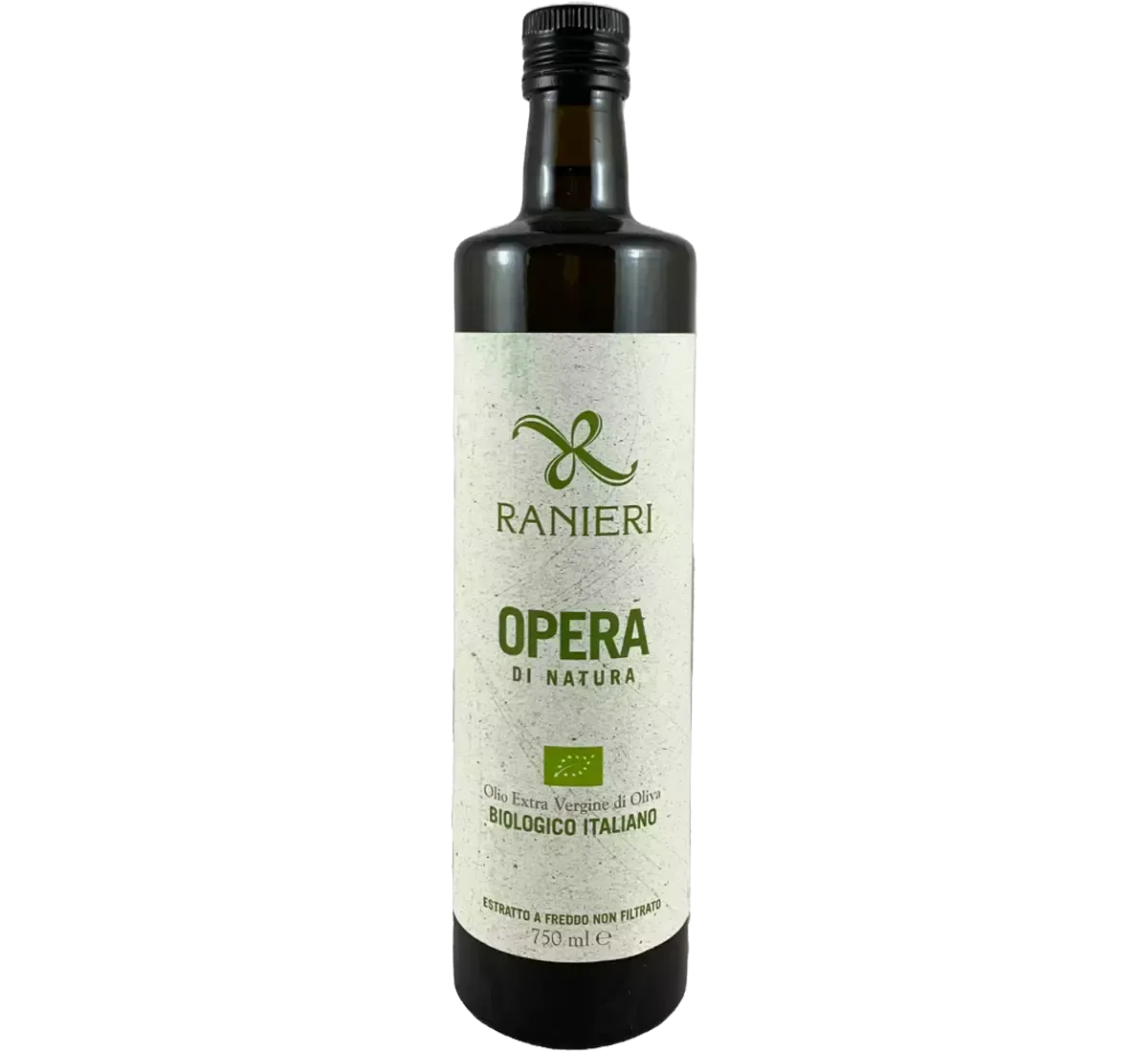 Opera di Natura presenta la sua bottiglia di olio extravergine biologico, da 750 ml. Il design elegante con etichetta verde sottolinea la sostenibilità del prodotto.