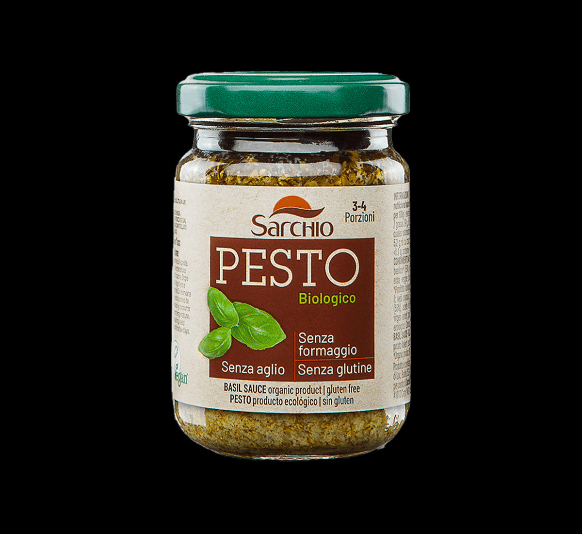 Glas mit biologischem Basilikum-Pesto, hervorgehoben durch ein braun-grünes Etikett mit Blättern. Ideal für alle, die sich gluten-, knoblauch- und käsefrei ernähren.
