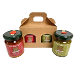 A pack of organic pestos, including jars of Basil Pesto and Sun-dried Tomato Pesto.