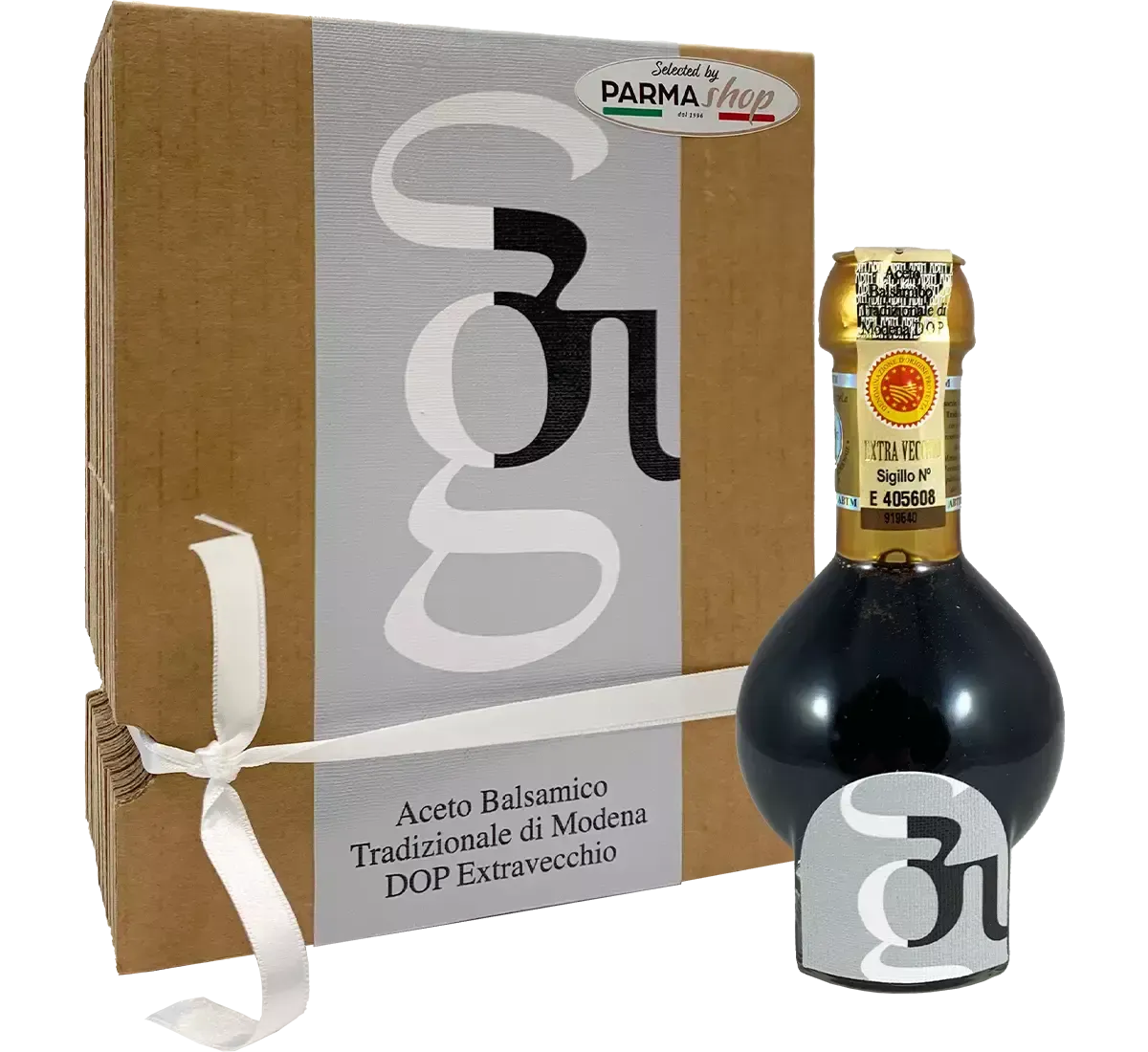 Aceto balsamico biologico extra vecchio di Modena, invecchiato per oltre 25 anni, con un aroma elegante e presentato in una bottiglia con un packaging chic per regali.