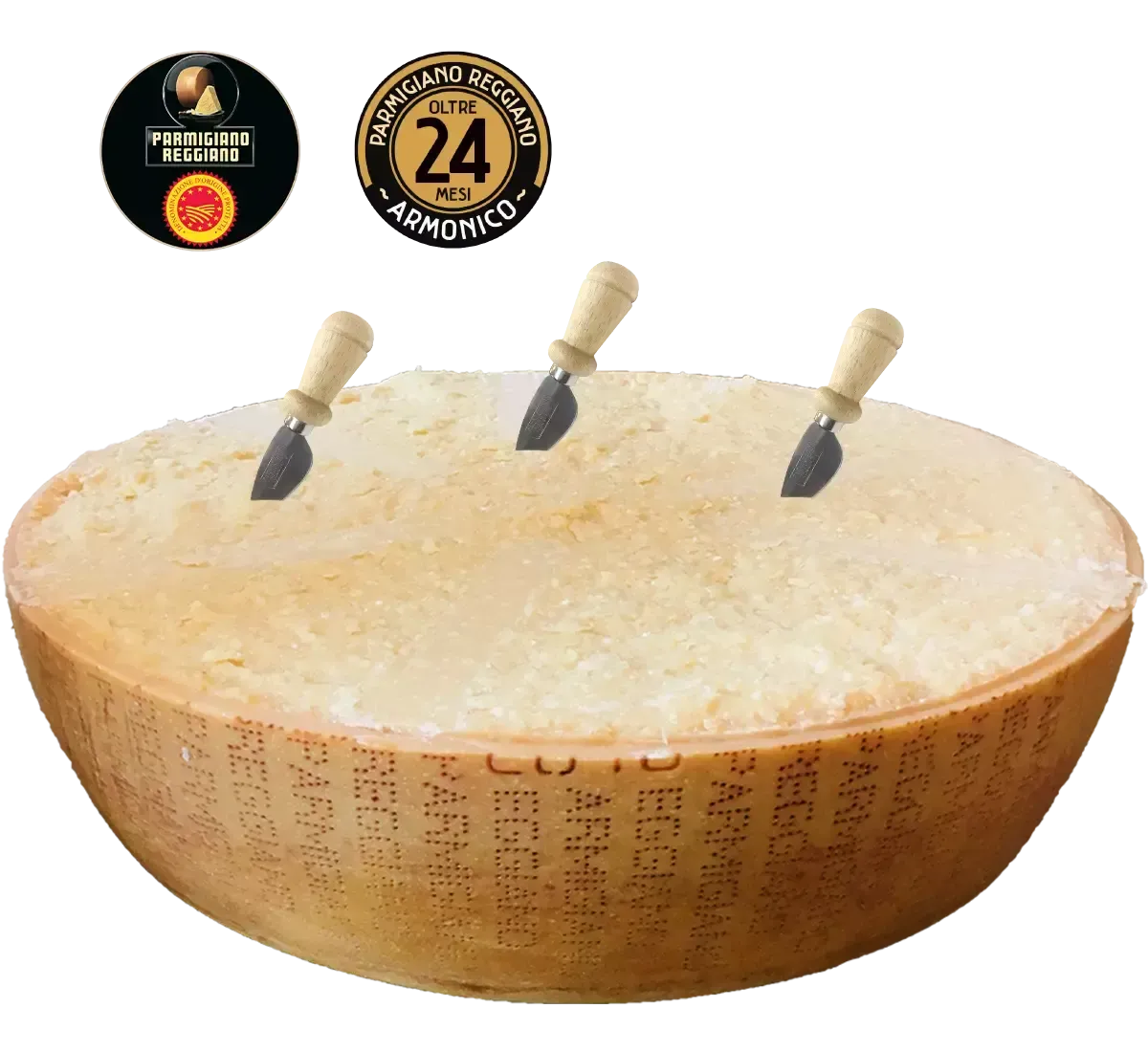 Scopri la mezza forma di Parmigiano Reggiano DOP, stagionato per 24 mesi in montagna. Un prodotto di eccellenza artigianale, accompagnato da 3 coltellini, dal sapore intenso e unico.