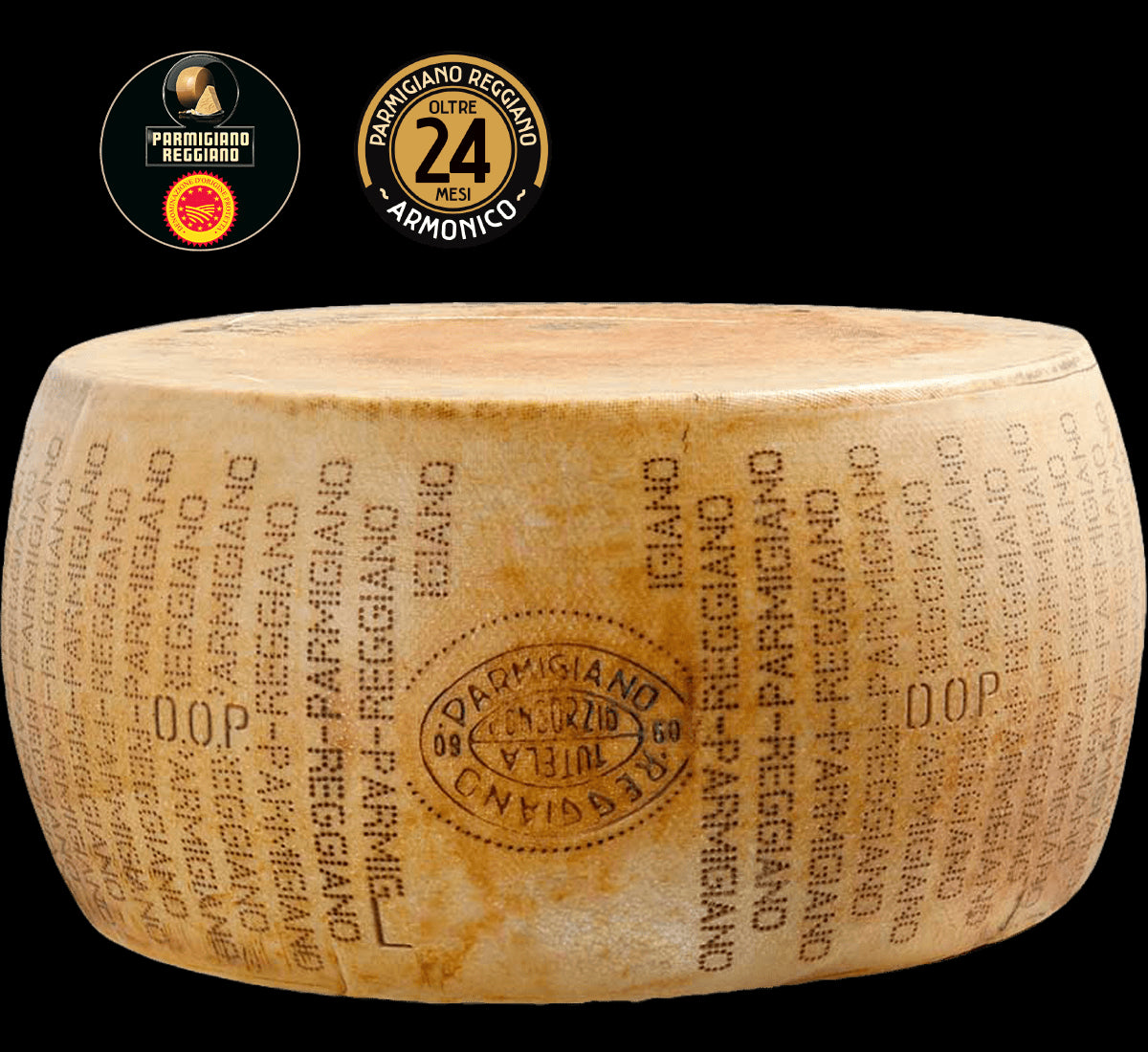 Visualizza un intero Parmigiano Reggiano DOP, stagionato 24 mesi, con un coltello. Prodotto di qualità montana, realizzato con latte Omega 3, una vera delizia appenninica.