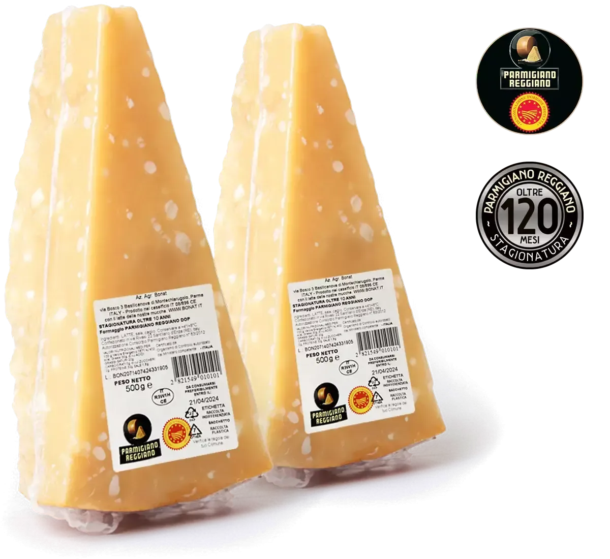 Immagina due triangoli di Parmigiano Reggiano Bonat, stagionato per 10 anni, dalla texture marmorizzata, che rilascia profumi di noci e caramello.