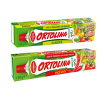 Ortolina bietet ein Set mit Saucen in Tuben, sowohl klassisch als auch scharf, zubereitet mit frischen Tomaten und Gemüse für einen authentischen italienischen Geschmack.