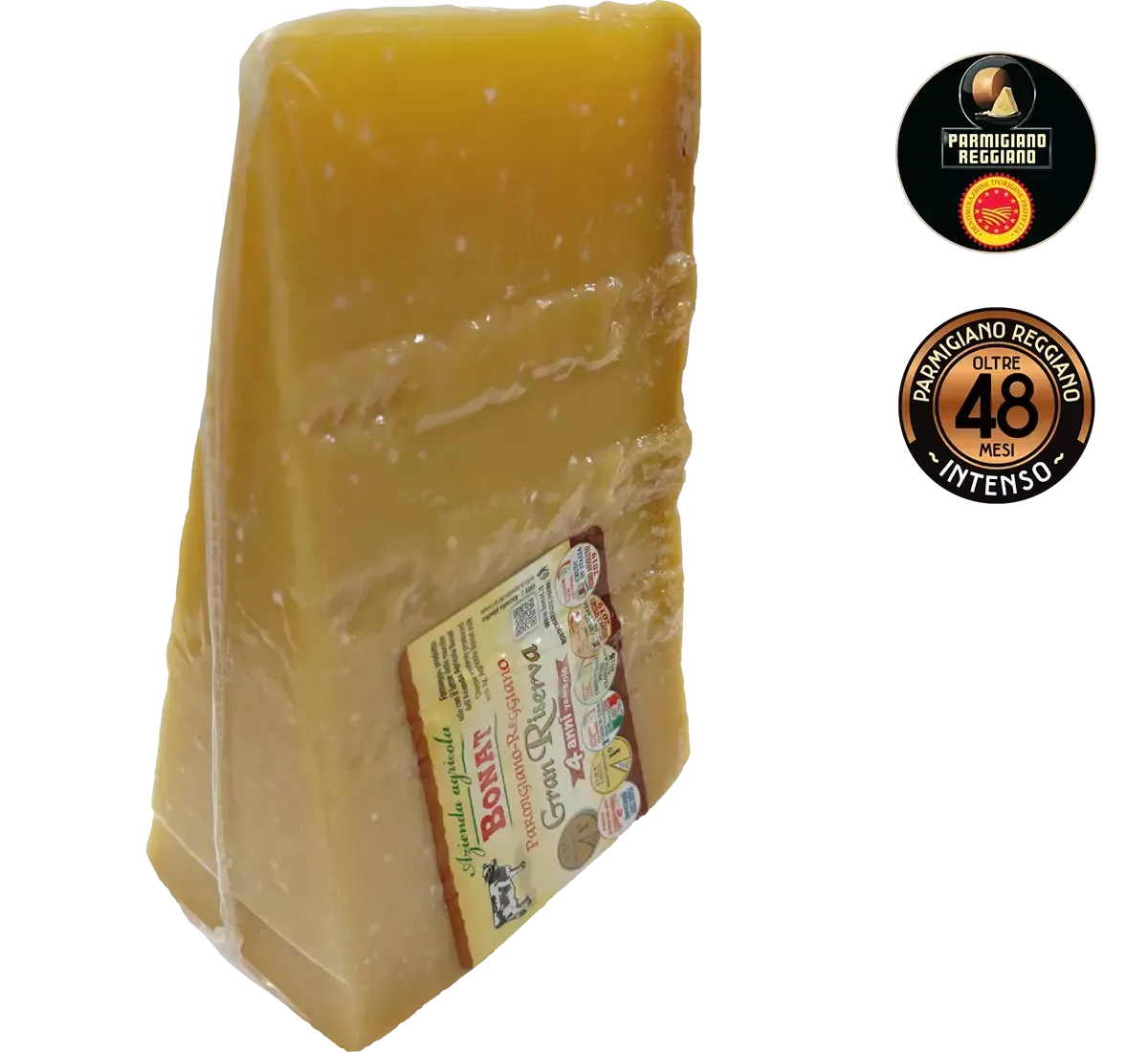 Un formaggio gourmet Parmigiano Reggiano DOP 4 anni Bonat, caratterizzato da una friabilità unica, presenza di cristalli di tirosina e sfumature speziate. Un esempio di eccellenza italiana.