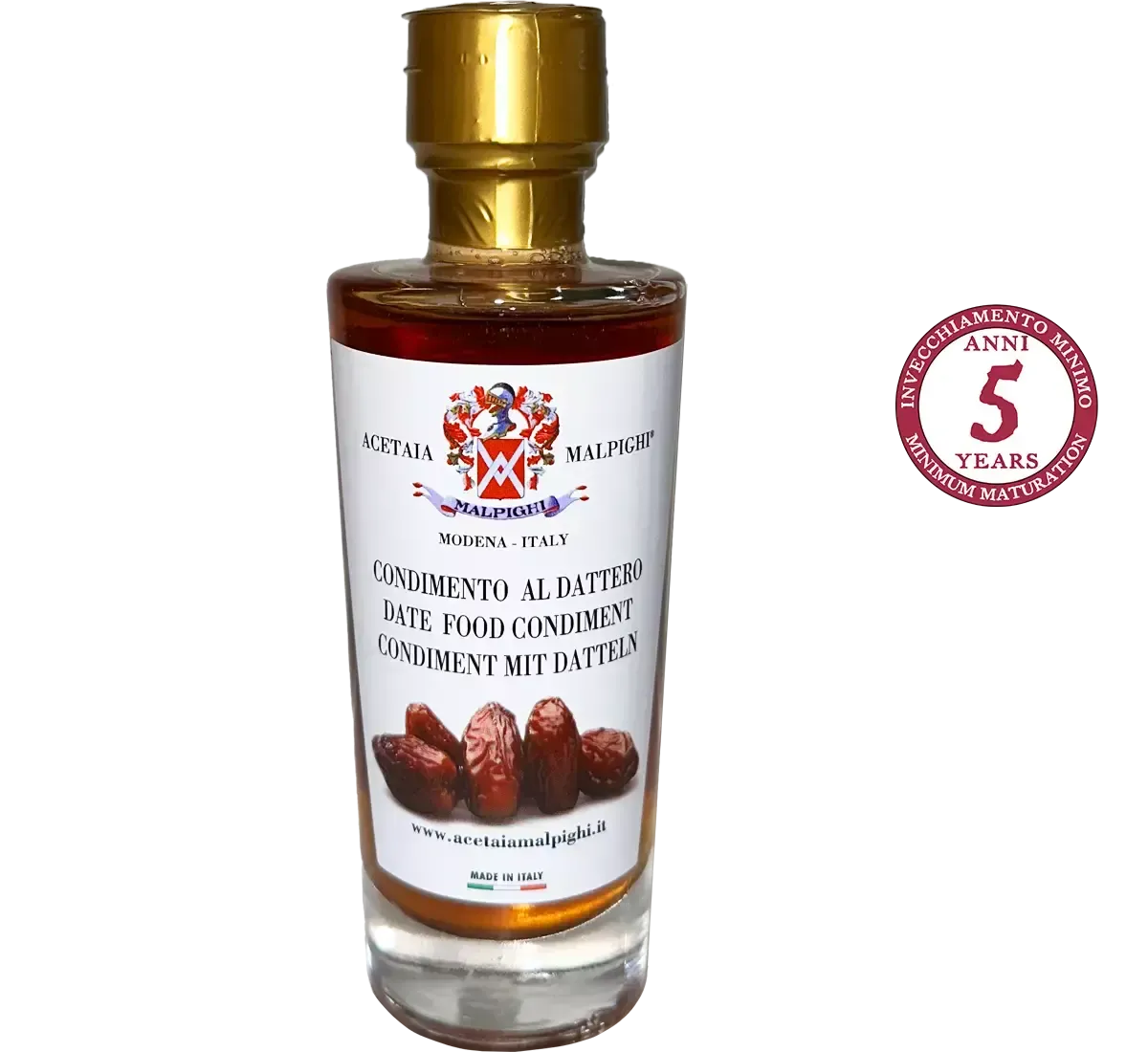 Descubra el Condimento de Dátiles Malpighi, presentado en una sofisticada botella con etiqueta roja. Envejecido durante cinco años, ofrece un sabor único y refinado.