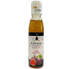 A bottle of fig-flavoured balsamic vinegar cream, with a label illustrated with drawings of figs, ideal for enriching gourmet dishes.