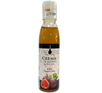 Una botella de crema de vinagre balsámico aromatizada con higos, con una etiqueta ilustrada con dibujos de higos, ideal para enriquecer platos gourmet.