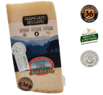 Bergost Parmigiano Reggiano DOP, lagrad i 36 månader, halmgul, med en smak rik på muskot och torkad frukt.