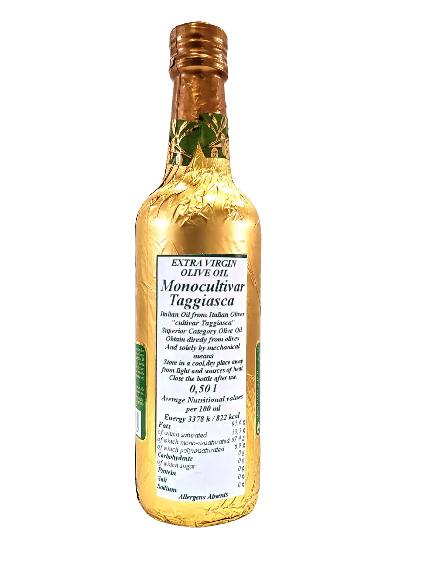 Una bottiglia dorata di olio d'oliva extra vergine Monocultivar Taggiasca, che rimanda alla tradizione e agli uliveti liguri.