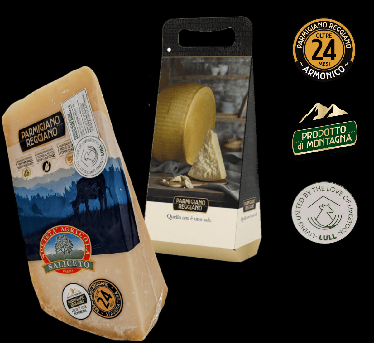 Esplora l'eccellenza delle colline parmensi con il Parmigiano Reggiano DOP 24 mesi, un formaggio di montagna dal gusto ricco, presentato in una confezione regalo.