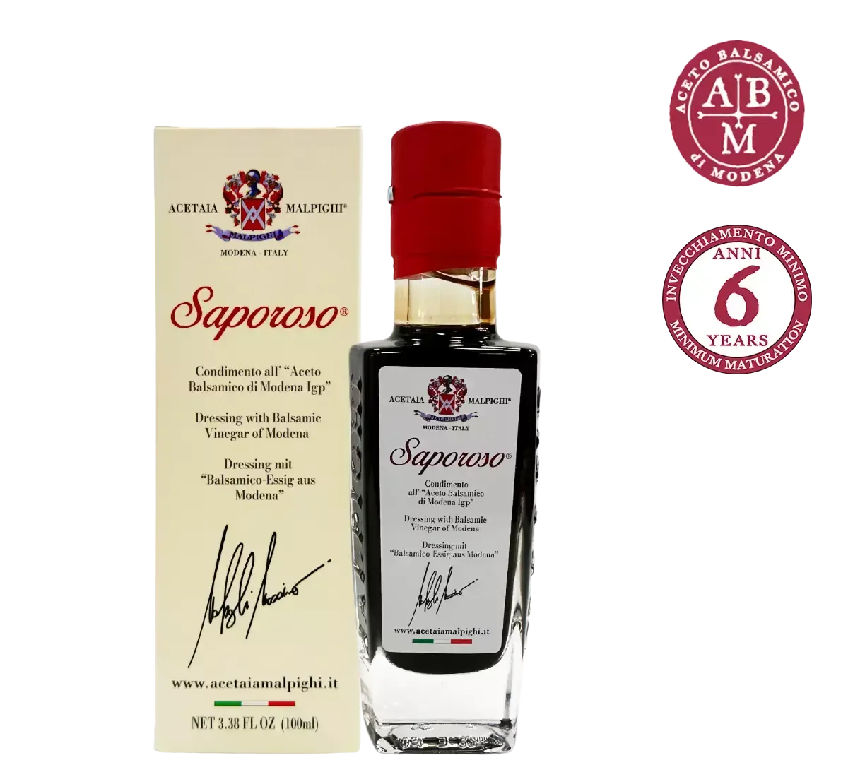Una bottiglia elegante contiene il condimento delizioso: aceto balsamico italiano di 6 anni. Premiato con il Luxury Award, è caratterizzato da un sapore corposo.