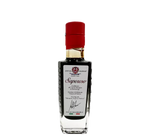 Saporoso balsamic vinegar of Modena PGI, aged for 6 years, in a bottle with a white label, red cap and elegant black background.