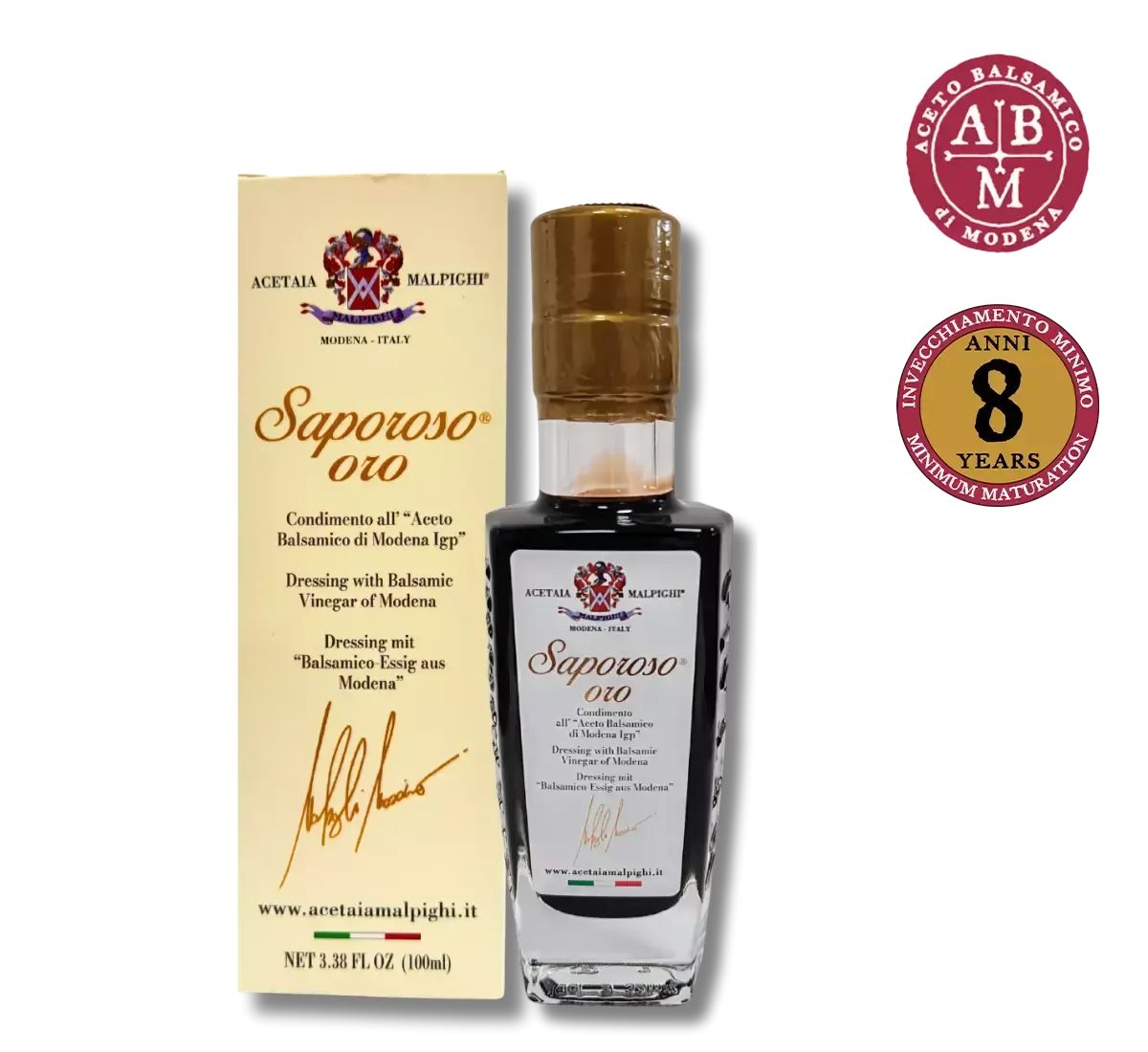 Oro Saporoso, un condimento balsamico di Modena IGP invecchiato 8 anni, presentato in una bottiglia sofisticata, imballata in una scatola elegante con etichetta unica.