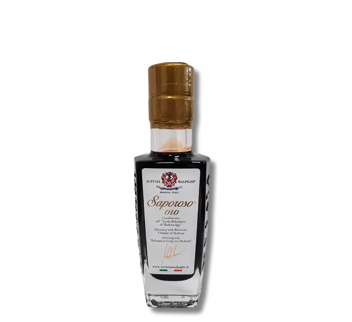 Elegante bottiglia di vetro contenente il condimento balsamico Saporoso Oro, invecchiato 8 anni. Si distingue su uno sfondo nero con il suo tappo dorato e l'etichetta raffinata.